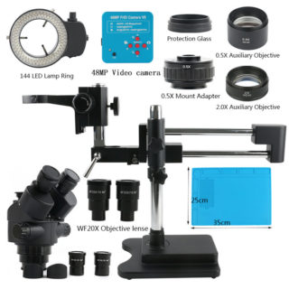 Trinokulární Stereo Mikroskop 3.5X-180X +Kamera 48MP 2K UHD HDMI USB 144 LED Lampa