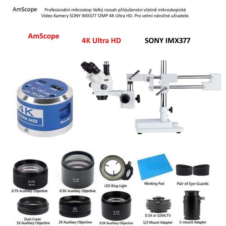 AmScope Profesionální Trinokulární Stereo Mikroskop 3.5X-90X +Kamera 4K
