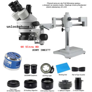 profesionalni mikroskop,trinokularni stereo mikroskop,trinokularni mikroskop,stereo mikroskop,skolstvi,laboratore,elektronika,numismatika,hodinarstvi,mikroskopicka kamera,objektiv mikroskopu,barlow lens,144 led,vysokoteplotni podlozka,mikroskop kamera,sony kamera,4K UHD,sada nastroju,mikroskop svetlo